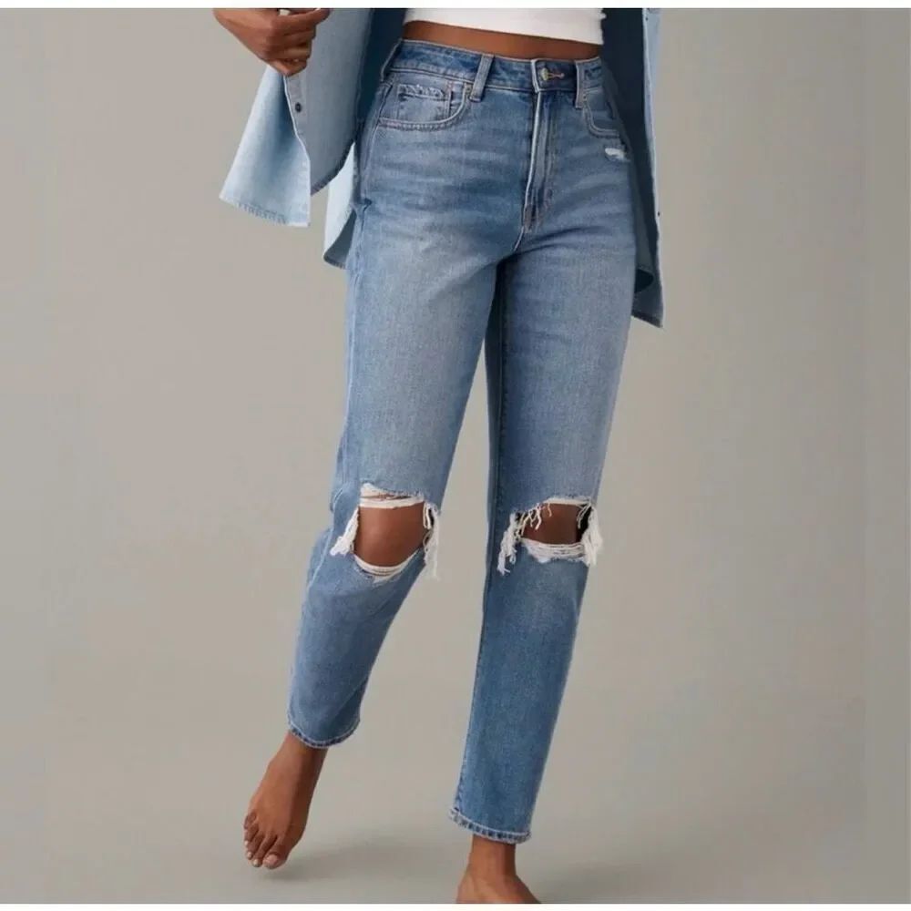 American Eagle Mom Jean Comfort Stretch Waistband Ripped Knees Denim High Rise 2